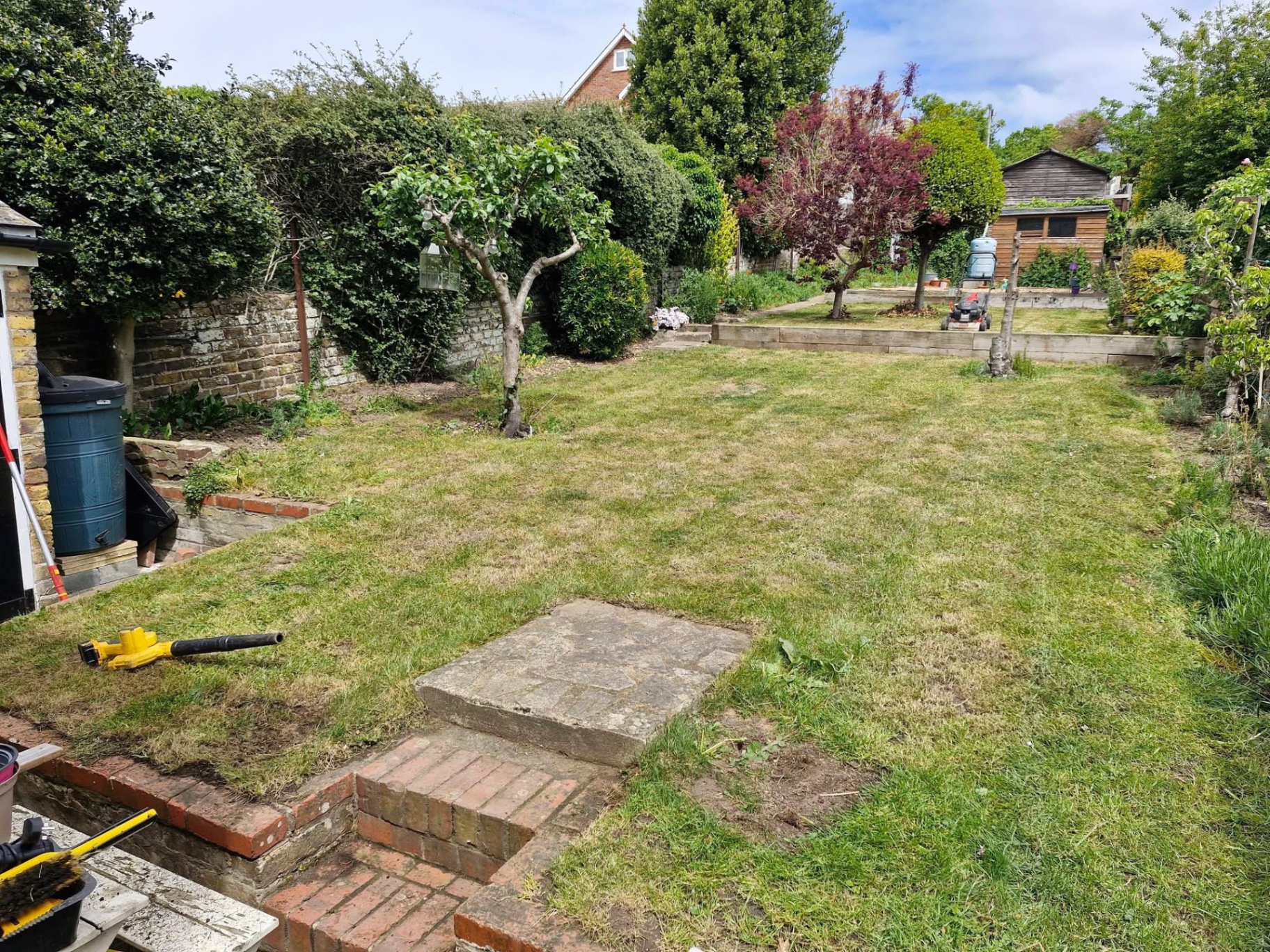 Walled back garden with fruit trees, raised beds and lawn tidied
