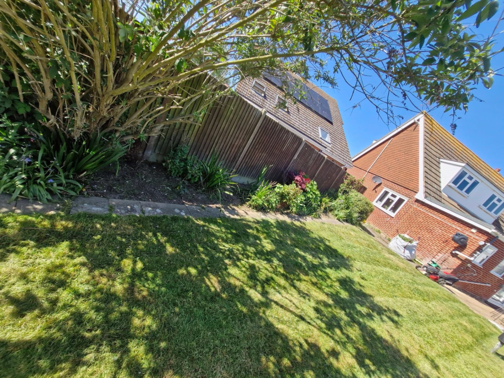 Shaded rear lawn with mature shrubs and border by garden fence