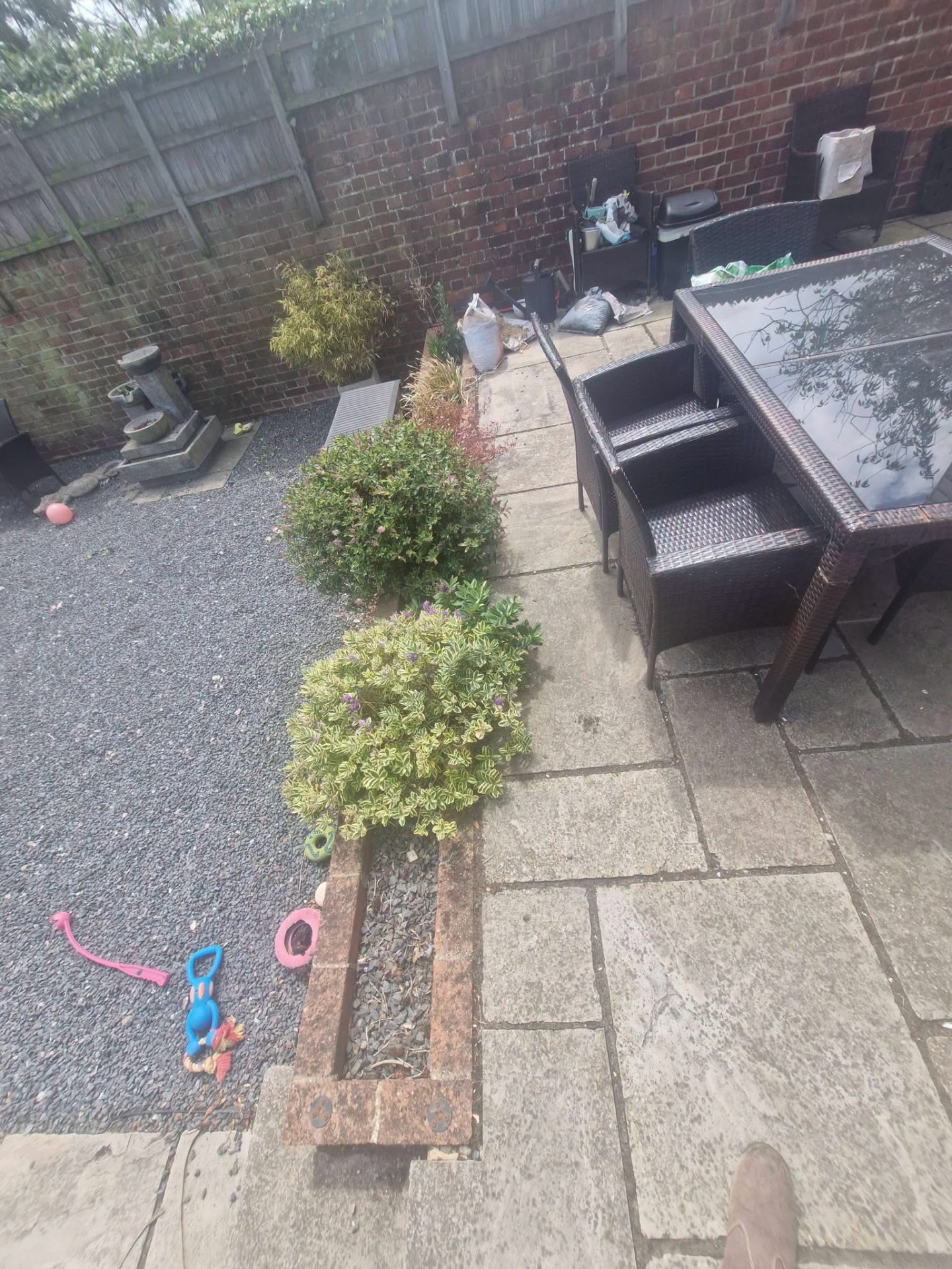 Rear patio garden with mature shrubs, water feature and seating