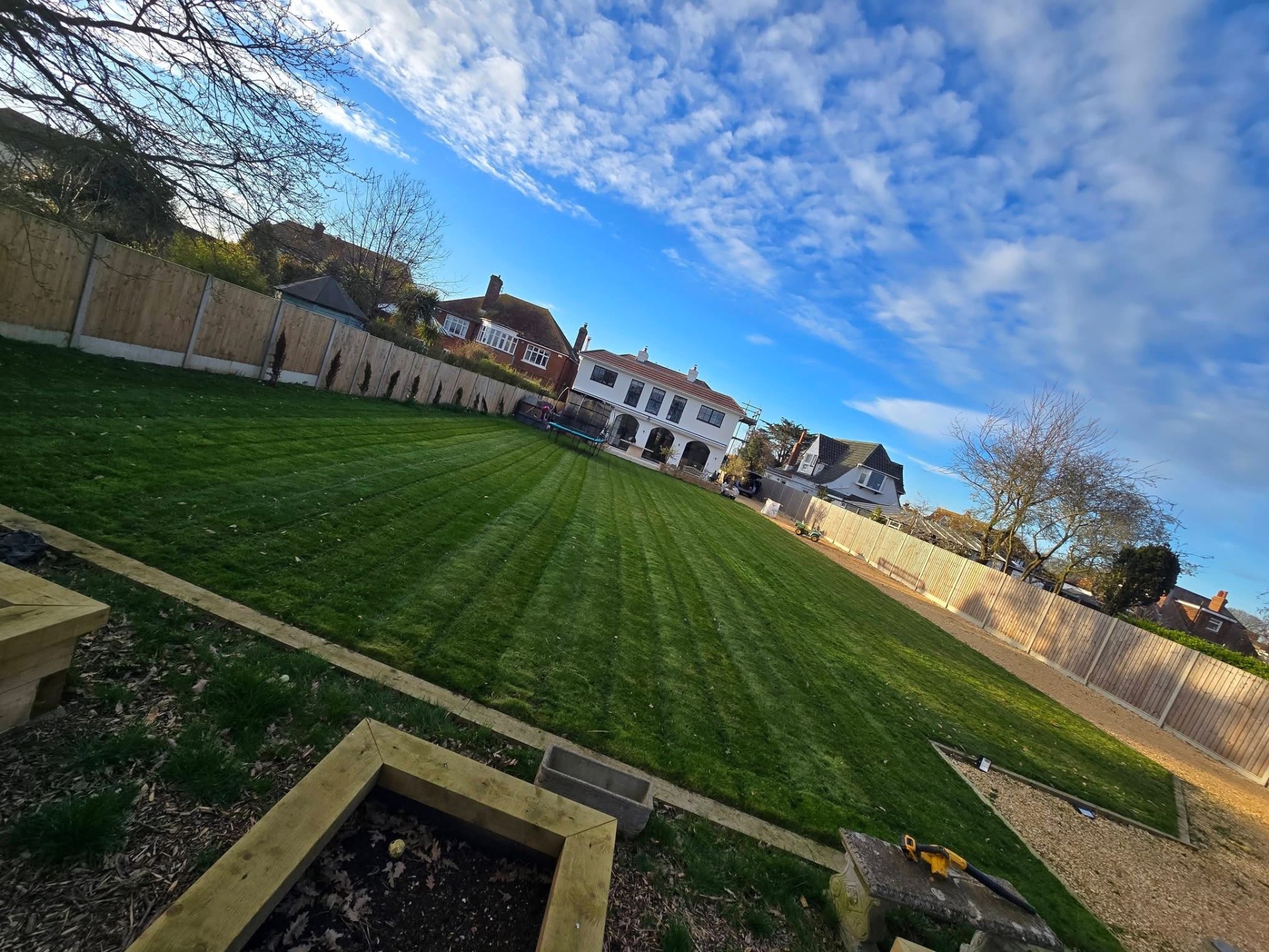 Wide back garden lawn cut with fresh stripes and tidy borders