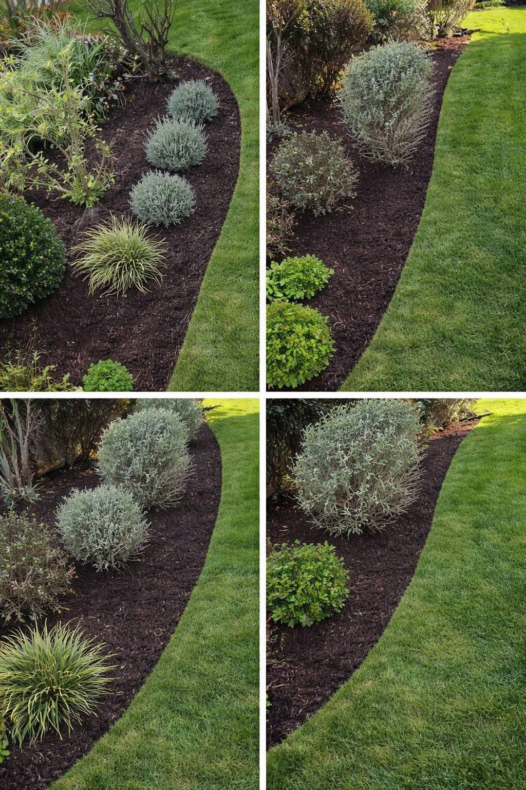Fresh mulched border with shaped shrubs alongside cut lawn