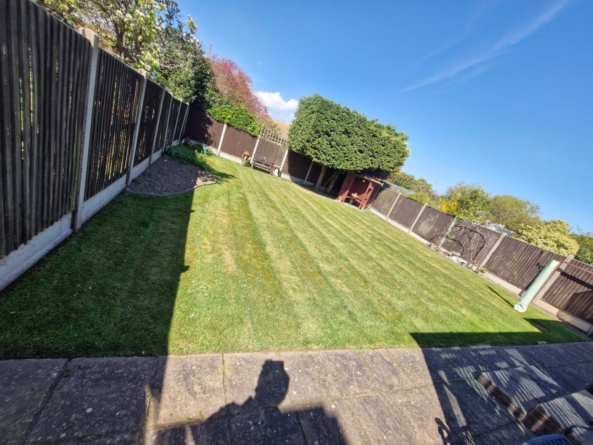 Enclosed back garden lawn with fresh stripes and tidy borders